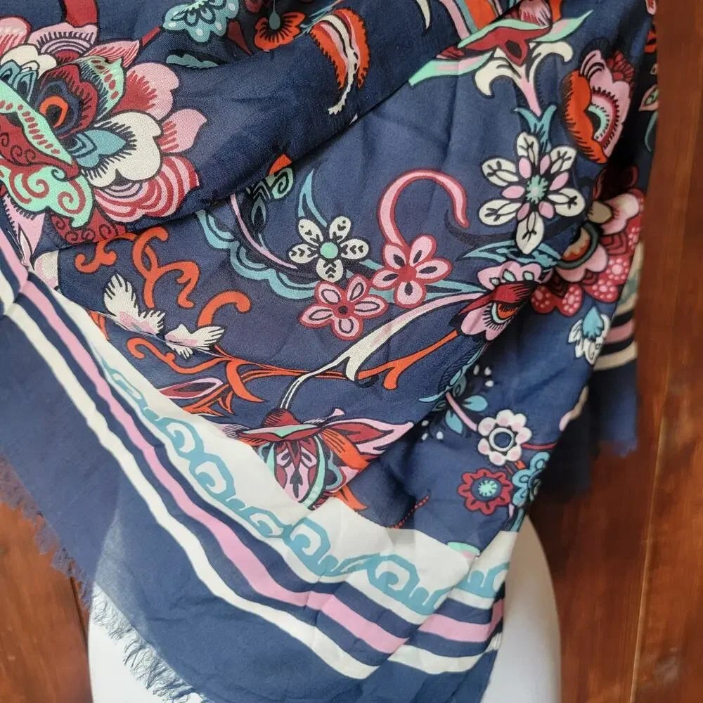 NWT Talbots Blue Floral‎ Scarf 100% Modal Pink Aqua Orange Vibrant Print Fringe